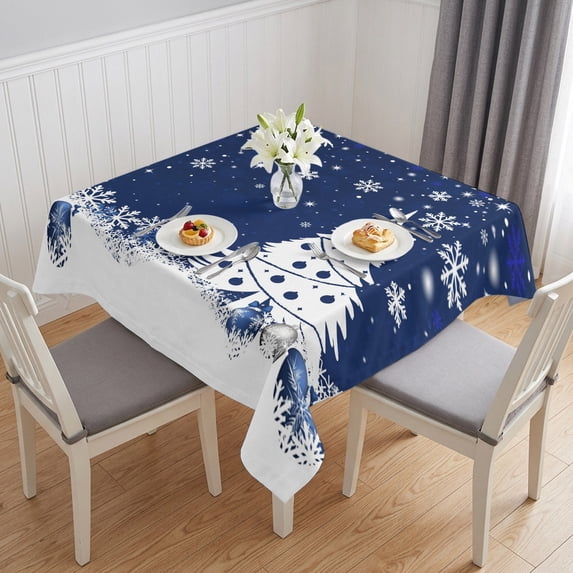 Navy Blue Christmas Table Cloth Waterproof Tablecloths, Xmas Tree Snowflake Winter Tablecloth Dining Table Cover for Kitchen Party Tabletop Outdoor, Square Tablecloth 60x60 Inch