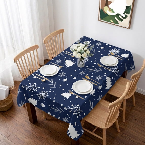 Navy Blue Christmas Table Cloth Waterproof Tablecloths, Xmas Trees Snowflake Winter Botanical Tablecloth Dining Table Cover for Kitchen Party Tabletop Outdoor, Rectangle Tablecloth 52x70 Inch