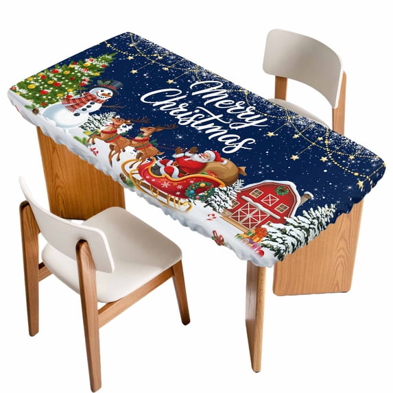 Navy Blue Christmas Table Cloths for 3 Foot Rectangle Tables, Santa Snowman Snowflake Elk Xmas Tree Patio Waterproof Elastic Fitted Tablecloths, Washable Rectangular Table Cover for Camping
