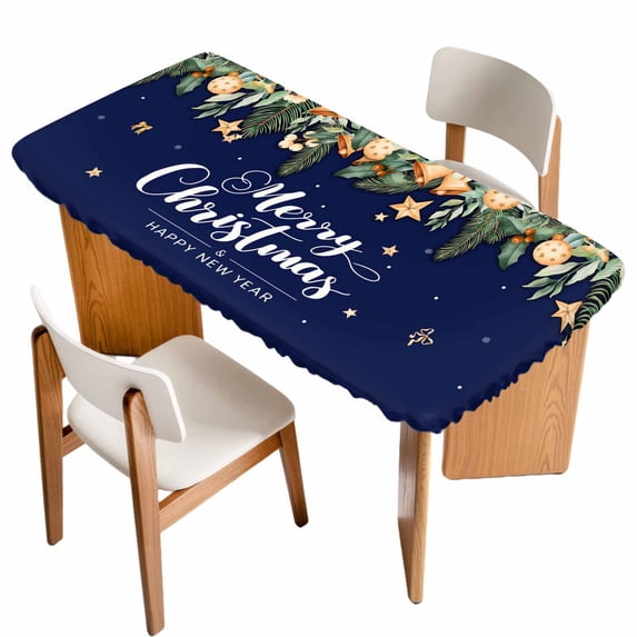 Navy Blue Christmas Table Cloths for 3 Foot Rectangle Tables, Xmas Botanical Ball Bell Patio Waterproof Elastic Fitted Tablecloths, Washable Rectangular Table Cover for Camping