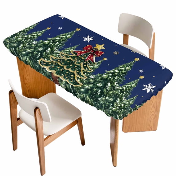 Navy Blue Christmas Table Cloths for 4 Foot Rectangle Tables, Green Xmas Tree Snowflake Winter Patio Waterproof Elastic Fitted Tablecloths, Washable Rectangular Table Cover for Camping