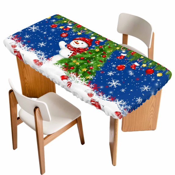 Navy Blue Christmas Table Cloths for 4 Foot Rectangle Tables, Snowman Xmas Tree Ball Snowflake Patio Waterproof Elastic Fitted Tablecloths, Washable Rectangular Table Cover for Camping