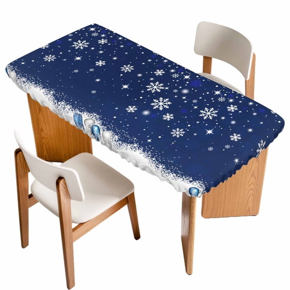 Navy Blue Christmas Table Cloths for 4 Foot Rectangle Tables, Xmas Snowflake Ball Winter Snowflake Patio Waterproof Elastic Fitted Tablecloths, Washable Rectangular Table Cover for Camping