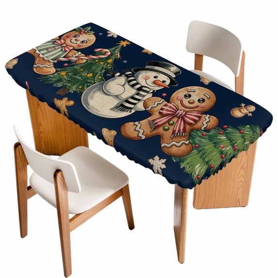 Navy Blue Christmas Table Cloths for 4 Foot Rectangle Tables, Xmas Tree Gingerbread Snowman Winter Patio Waterproof Elastic Fitted Tablecloths, Washable Rectangular Table Cover for Camping