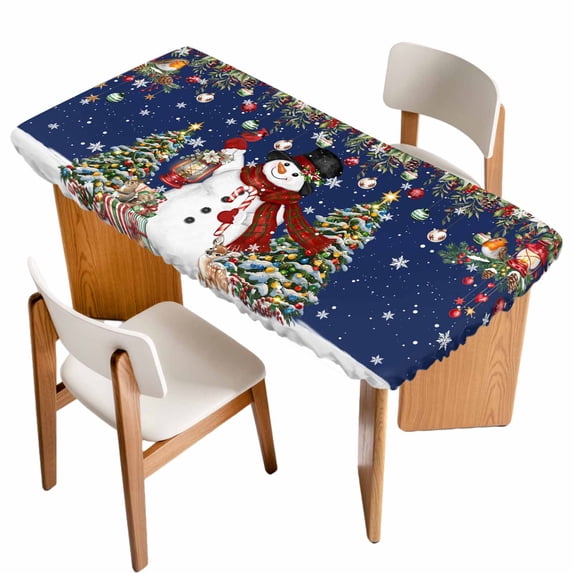 Navy Blue Christmas Table Cloths for 5 Foot Rectangle Tables, Snowman Xmas Tree Ball Snowflake Winter Patio Waterproof Elastic Fitted Tablecloths, Washable Rectangular Table Cover for Camping