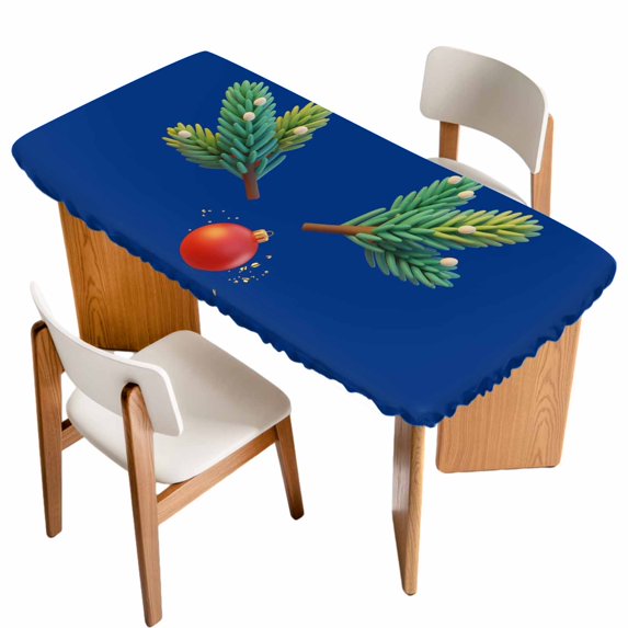 Navy Blue Christmas Table Cloths for 5 Foot Rectangle Tables, Xmas Tree Ball Winter Modern Art Patio Waterproof Elastic Fitted Tablecloths, Washable Rectangular Table Cover for Camping
