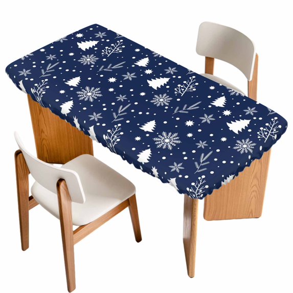 Navy Blue Christmas Table Cloths for 5 Foot Rectangle Tables, Xmas Trees Snowflake Winter Botanical Patio Waterproof Elastic Fitted Tablecloths, Washable Rectangular Table Cover for Camping
