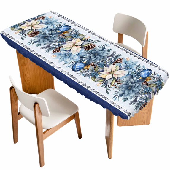 Navy Blue Christmas Table Cloths for 8 Foot Rectangle Tables, Poinsettia Xmas Ball Berry Winter Patio Waterproof Elastic Fitted Tablecloths, Washable Rectangular Table Cover for Camping