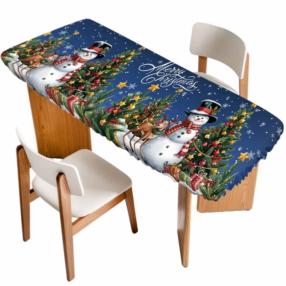 Navy Blue Christmas Table Cloths for 8 Foot Rectangle Tables, Snowman Xmas Tree Snowflake Gifts Elk Patio Waterproof Elastic Fitted Tablecloths, Washable Rectangular Table Cover for Camping