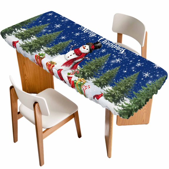 Navy Blue Christmas Table Cloths for 8 Foot Rectangle Tables, Snowman Xmas Tree Snowflake Winter Gifts Patio Waterproof Elastic Fitted Tablecloths, Washable Rectangular Table Cover for Camping