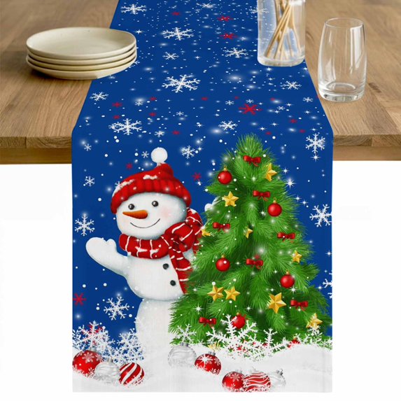 Navy Blue Christmas Table Runner 36 Inches Long Farmhouse Dress Scarves, Snowman Xmas Tree Ball Snowflake Dining Tablerunner for Coffee Table/Kitchen Island/Party Décor, Small 13" x 36"