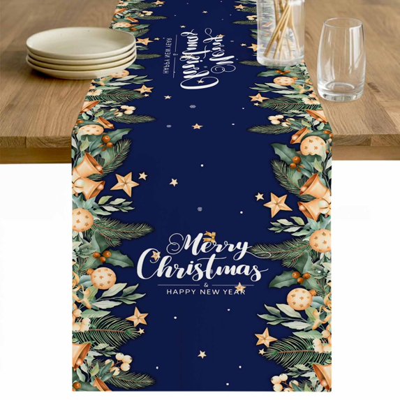 Navy Blue Christmas Table Runner 60 Inches Long Farmhouse Dress Scarves, Xmas Botanical Ball Bell Dining Tablerunner for Coffee Table/Kitchen Island/Party Décor, 13" x 60"
