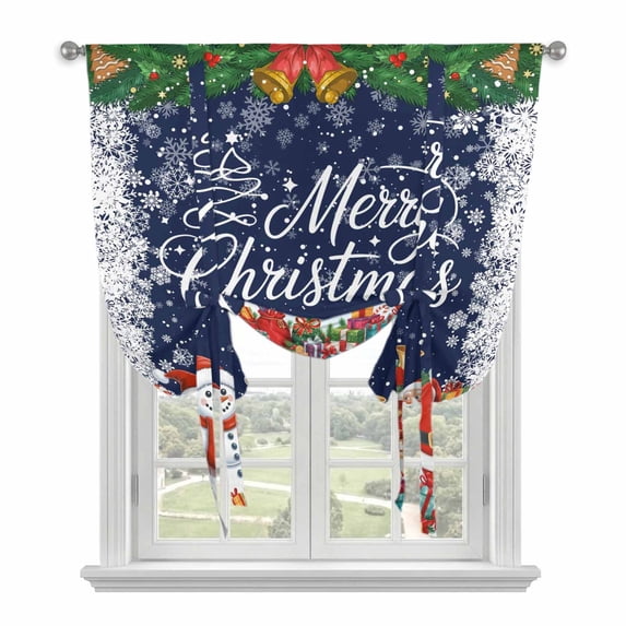 Navy Blue Christmas Tie Up Curtains for Windows, Balloon Window Shades, Xmas Snowman Santa Elk Winter Snowflake Kitchen Window Treatments Roll Up Curtain for Basement/Nursery 52"x45"