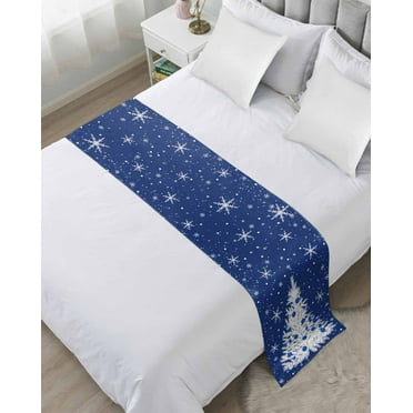 Navy Blue Christmas Tree Bed Runner for Full/ Queen Size Bed, Balls Snowflake Xmas Tree Bedspread Protector Slipcover Bed Scarf for Foot Bed Runners & Scarves for Bedroom Hotel 83x20 Inches