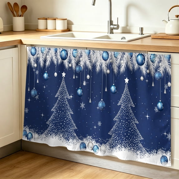 Navy Blue Christmas Tree Cabinet Curtain 32"Wx55"L,Dustproof Pantry Door Curtain W/ Self Adhesive Tape,Xmas Balls Pine Needles Snowflake Tall Storage Cover Privacy Drape for Bathroom Kitchen
