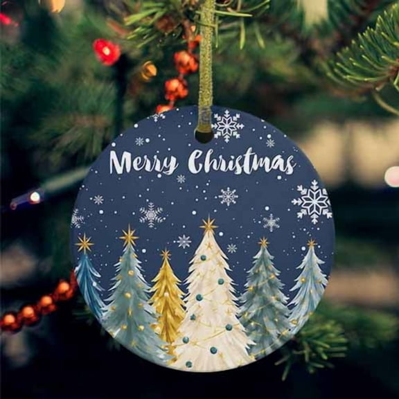 Navy Blue Christmas Tree Ceramic Ornaments, Green Mas Trees Snowflake Round Porcelain Hanging Ornaments with Gold String, Xmas Decorations Keepsake Gifts for Holiday Home Party 3''