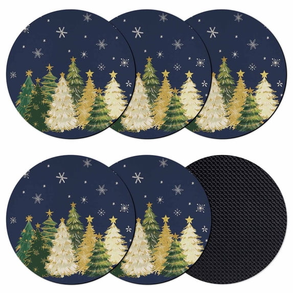 Navy Blue Christmas Tree Coasters Set of 6, Absorbent Coasters for Drinks, Xmas Tree Winter Snowflake Coaster for Desk Coffee Table Protection, Home Decor House Warming Gifts 4"