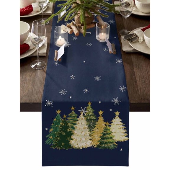 Navy Blue Christmas Tree Dresser Scarf Farmhouse, Dining Table Decorations for Wedding/Parties, Xmas Tree Winter Snowflake Table Runner 90 Inches Long for Kitchen Dining, 13 x 90 In