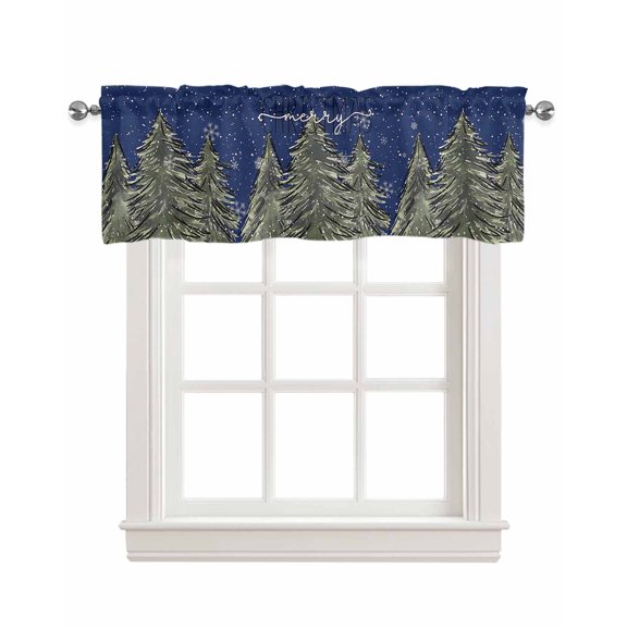 Navy Blue Christmas Tree Linen Curtain Valance for Bedroom/Bathroom/Kitchen/Office/Living/Dining Room Window,Green Xmas Tree Snowflake Rod Pocket Topper Decorative Cafe Drapes Panel 42"x18"