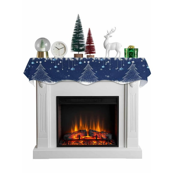 Navy Blue Christmas Tree Mantel Scarf Fireplace Decorations for Living Room, Xmas Balls Pine Needles Snowflake Fireplace Mantel Scarf Cover Runner for Halloween/Thanksgiving/Christmas Decor 60"x17"