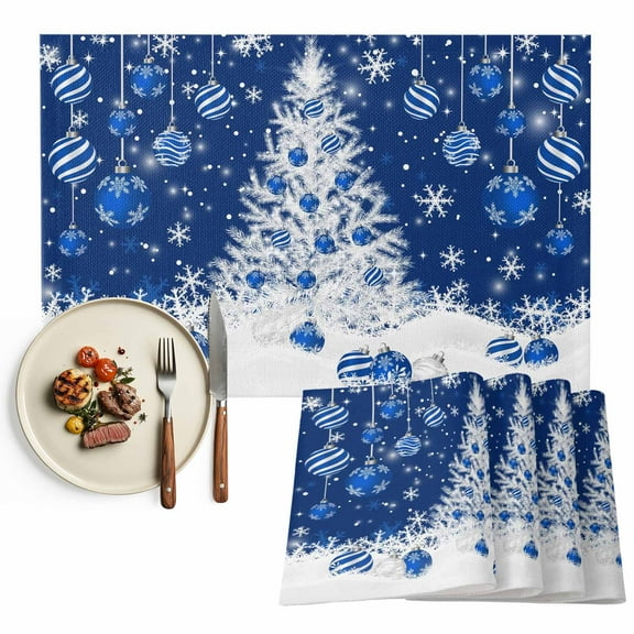 Navy Blue Christmas Tree Placemats Set of 4, Winter Xmas Snowflake Balls Table Mats Washable Heat-Insulation Non-Slip Place Mats for Kitchen Dinner Table Indoor Outdoor Decor,13x19 Inch