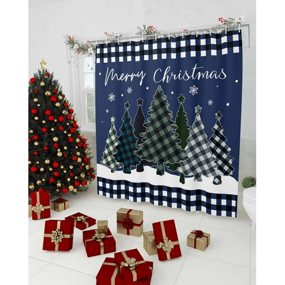 Navy Blue Christmas Tree Shower Curtain, Xmas Tree Snowflake Plaid Waterproof Washable Boho Funny Cute Shower Curtains Set for Bathroom Farmhouse Bathtubs Decor with Hook, 36"Wx72"L