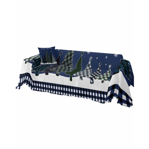 Navy Blue Christmas Tree Sofa Covers for 3 Cushion, Washable Couch Cover for Sectional Sofa Slipcovers with Tassel, Xmas Tree Snowflake Plaid Loveseat Covers Futon Cover Blanket 71''x118''