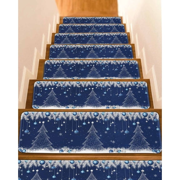 Navy Blue Christmas Tree Stair Treads for Wooden Steps Indoor Runner Rug Carpet,Xmas Balls Pine Needles Snowflake 4 Pieces Peel and Stick Staircase Step Treads Covers Washable Throw Door Mats,30"x8"