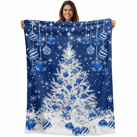 Navy Blue Christmas Tree Throw Blankets, Winter Xmas Snowflake Balls Soft Fleece Blanket Decorative for Home Sofa Couch Chair Living Bedroom, 50x60 inches,