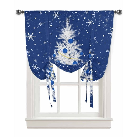 Navy Blue Christmas Tree Tie Up Curtains for Window, Balls Snowflake Xmas Tree Thermal Insulted Balloon Shade Adjustable Rod Pocket Curtains Valance Panels for Kitchen Bathroom Café 46 x 63