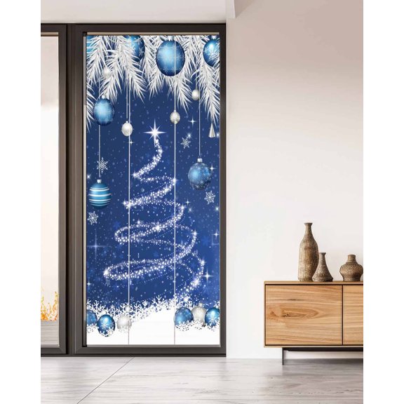 Navy Blue Christmas Tree Window Privacy Film Stained Glass Window Film Decorative Windows Cover Static Windows Cling for Glass Door Snowflake Balls Xmas Pine Needle Stickers for Bathroom 35.4"x78.7"