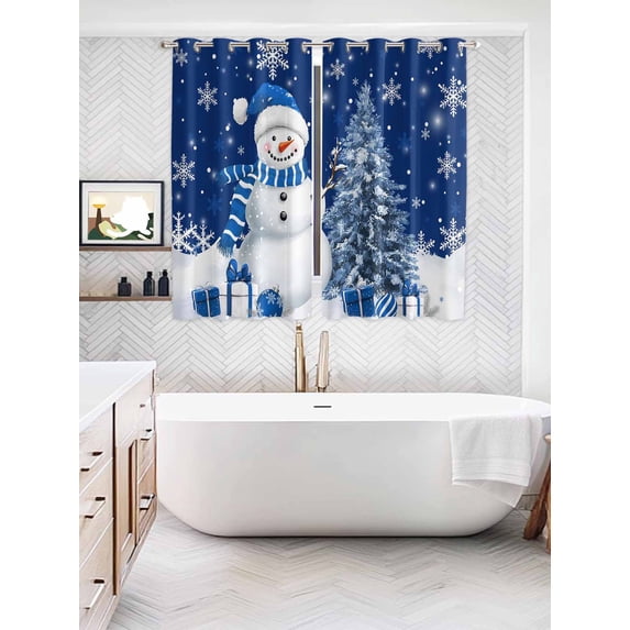 Navy Blue Christmas Window Curtains Panels with Silver Grommet, Snowman Snowflake Gifts Xmas Tree Kitchen Cafe Curtain Draperies Window Treatment Set for Living Room/Bedroom/Laundry/Bathroom, 104x84