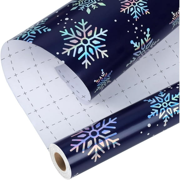 Navy Blue Christmas Wrapping Paper Roll, 17 Inch x 33 Feet, Holographic Foil Snowflake Design with Cutting Grid, Holiday Gift Wrap for Winter Birthday & Seasonal Party Decoration