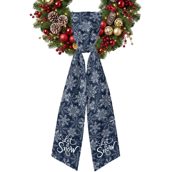 Navy Blue Christmas Wreath Sash for Front Door, Retro Rustic Winter Snowflakes Xmas Wreath Bow Holiday Garland Ribbon Wreath Accessories for Home Yard Porch Doorway Fall Christmas Decorations Gifts