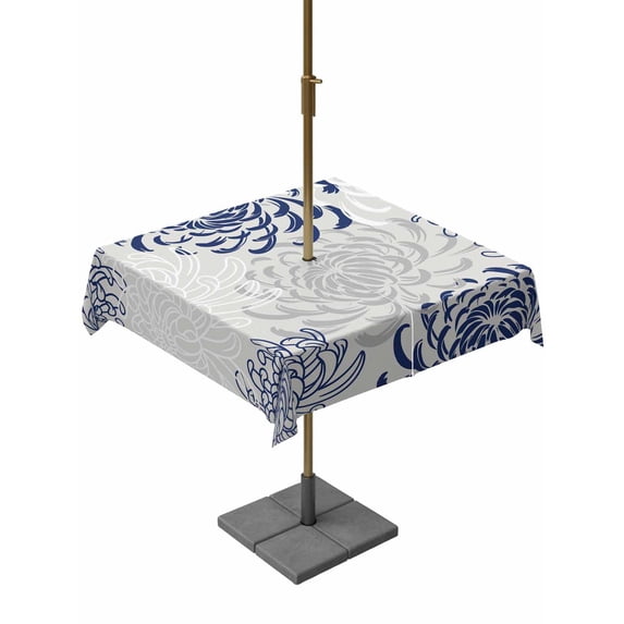 Navy Blue Chrysanthemum Outdoor Tablecloth with Umbrella Hole, Farmhouse Botanical Floral Modern Spillproof Waterproof Outdoor Table Cover, Patio Tablecloths for Party/Garden/Picnic, Square 54"x54"