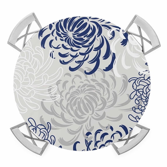 Navy Blue Chrysanthemum Round Fitted Tablecloth with Elastic Edge, Waterproof Table Cloth Table Cover for 55"-60" Tables, Farmhouse Botanical Floral Modern Tablecloths for Dining Picnic Outdoor