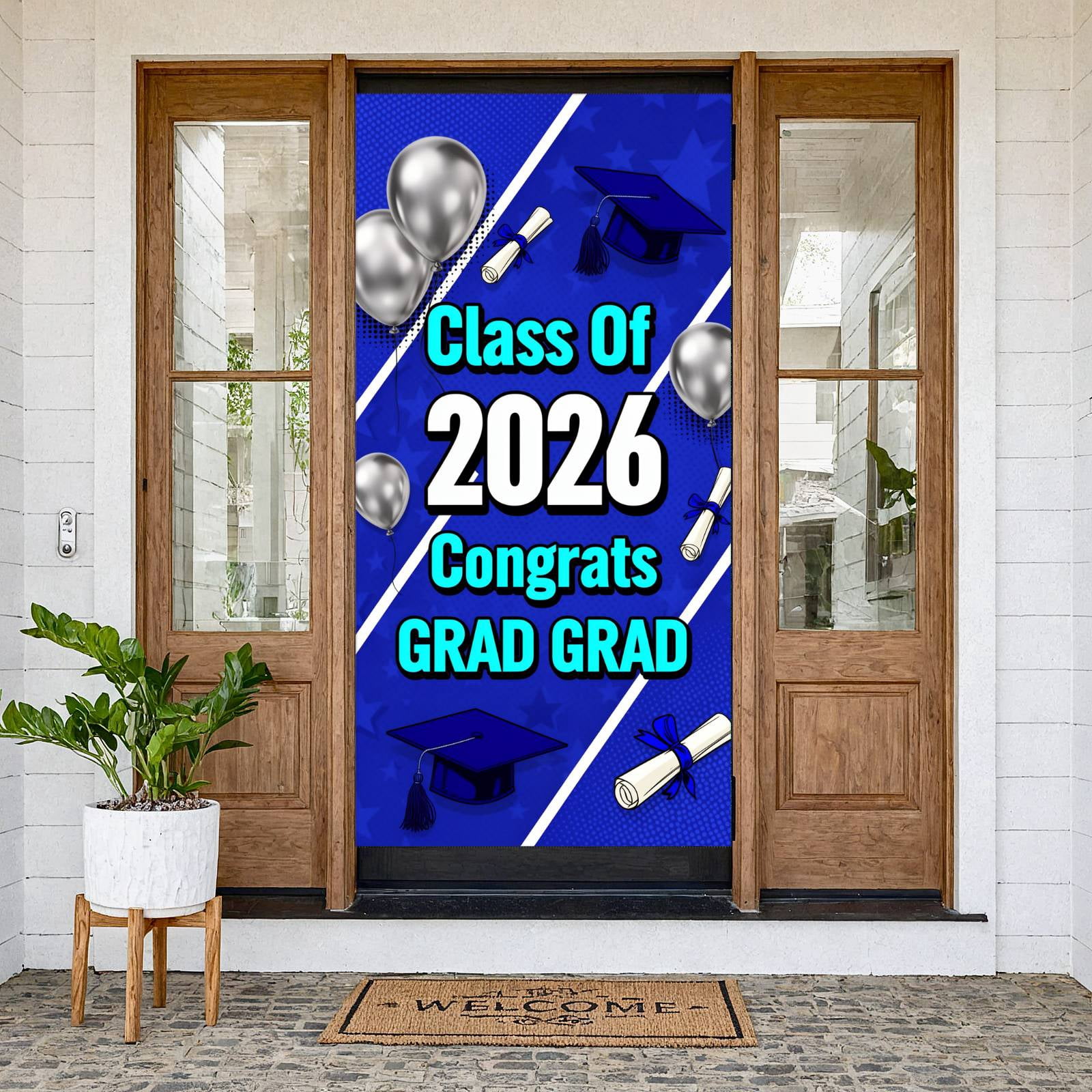 Navy Grad Sign Navy Blue Class of 2026 Banner Silver Balloon Graduation Backdrop ...