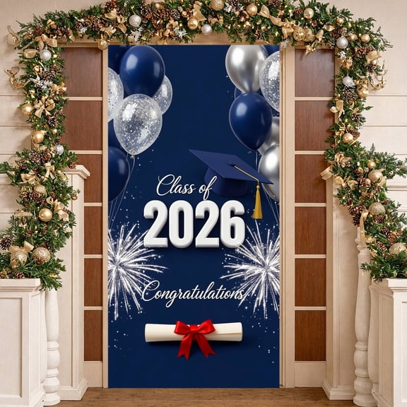 Navy Blue Class of 2026 Banner Silver Glitter Graduation Backdrop Sparkle Accents Diploma with Red Bow Graduation Background for Graduation Party College Graduation Graduation Ceremony