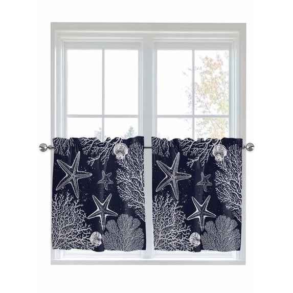 Navy Blue Coastal 2 Panel Kitchen Curtains for Small Windows, Starfish Coral Summer Beach Ocean Bathroom Tier Curtain, Short Window Treatment for Bedroom/Living Room 55"x24"