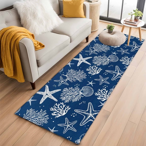 Navy Blue Coastal 2'x6' Runner Rugs for Hallway Kitchen Bedside Non Slip Washable, Nautical Beach Starfish Coral Summer Entryway Rug Runners with Rubber Backing, Long Carpet Runner for Laundry Room