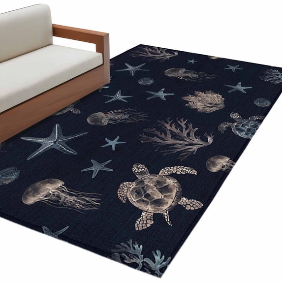Navy Blue Coastal Area Rug 3x5 FT, Non Slip Entryway Bedside Carpet, Nautical Summer Beach Sea Turtle Starfish Washable Soft Floor Carpet Indoor Mat Throw Rug for Dorm Kitchen Home Office