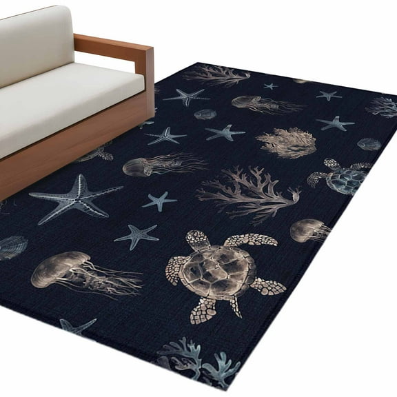 Navy Blue Coastal Area Rug 3x5 FT, Non Slip Entryway Bedside Carpet, Nautical Summer Beach Sea Turtle Starfish Washable Soft Floor Carpet Indoor Mat Throw Rug for Dorm Kitchen Home Office