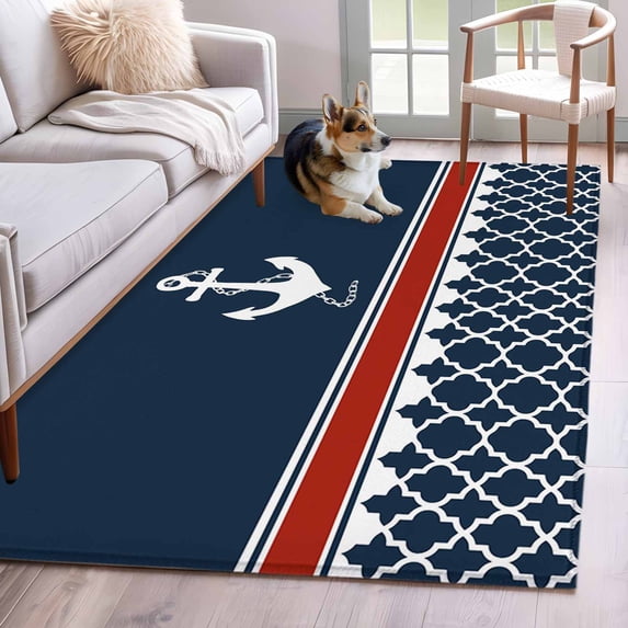 Navy Blue Coastal Area Rugs 3'x5', Washable Small Throw Rugs for Living Room Bedroom, Nautical Ocean Sea Anchor Abstract Art Indoor Outdoor Rug Non-Slip Low Pile Carpet Runner Reversible Floor Mats