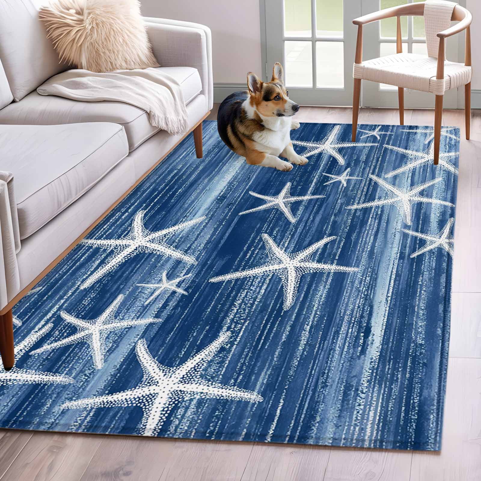 Navy Blue Coastal Area Rugs 3'x5', Washable Small Throw Rugs for Living Room Bedroom, Summer Ocean Waves Ombre Sea Starfish Indoor Outdoor Rug Non-Slip Low Pile Carpet Runner Reversible Floor Mats