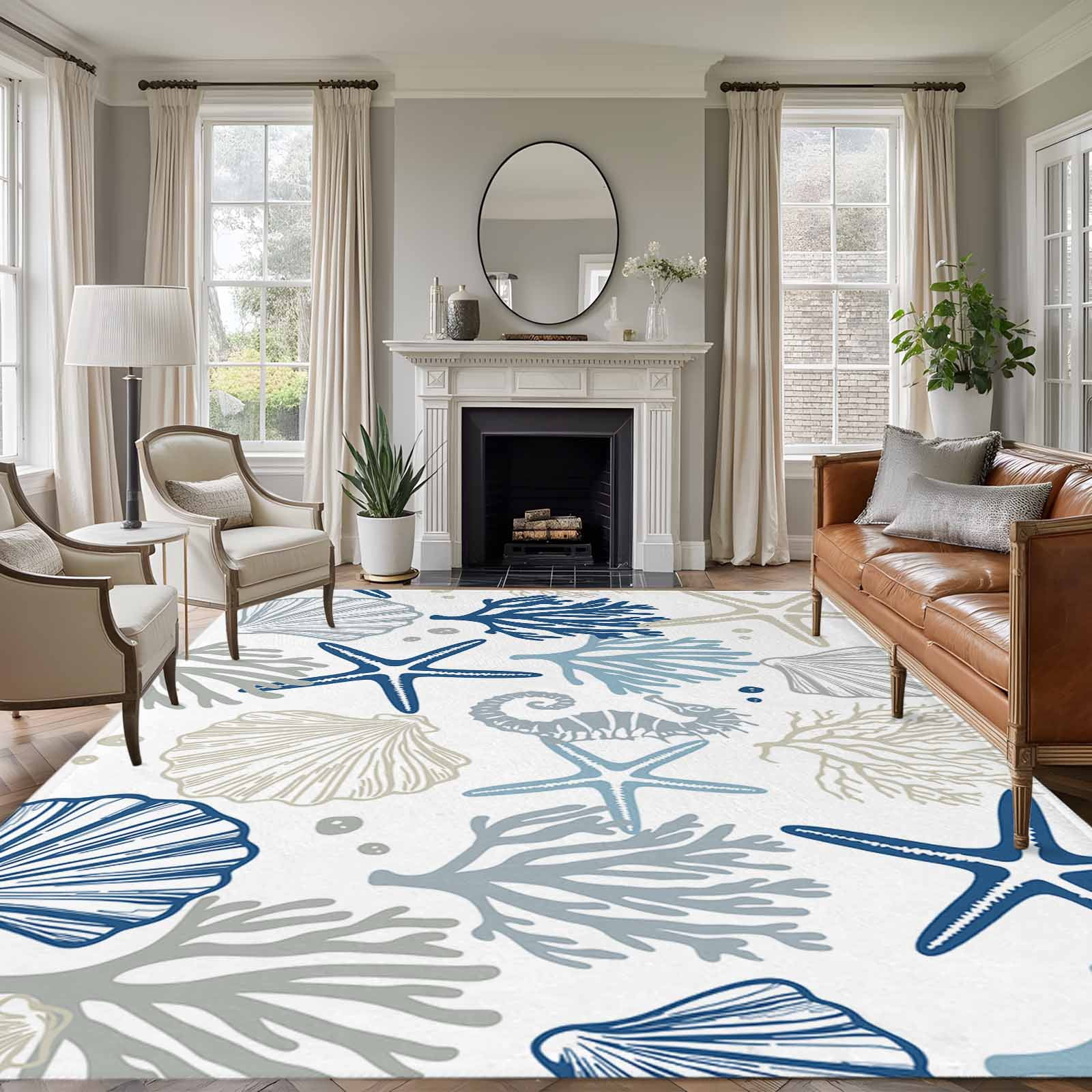 Navy Blue Coastal Area Rugs 5x7 for Living Room, Summer Beach Coral ...