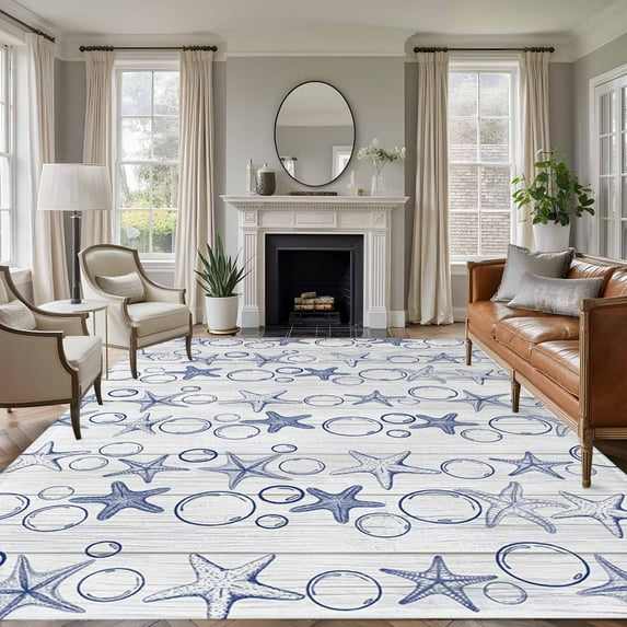 Navy Blue Coastal Area Rugs 6'x9', Washable Small Throw Rugs for Kitchen Dining room, Starfish Nautical Ocean Sea Wooden Indoor Outdoor Rug Non-Slip Low Pile Carpet Runner Reversible Floor Mats