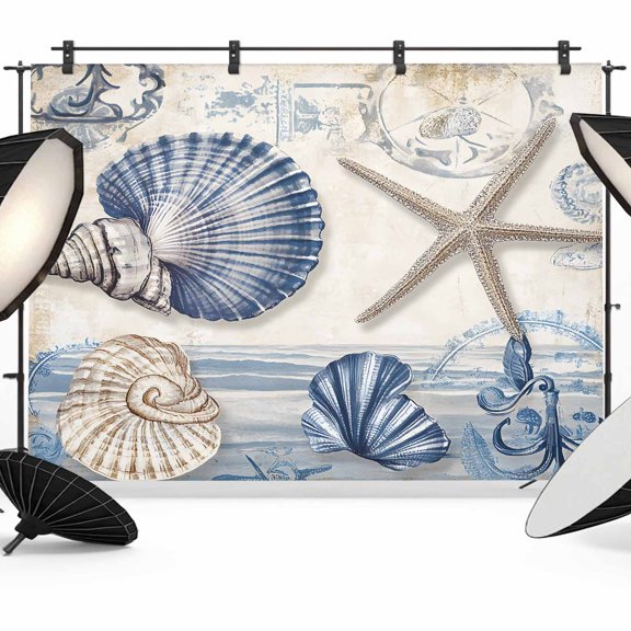Navy Blue Coastal Backdrop for Photography,Fabric Photo Background Backdrop,Vintage Sea Beach Shell Starfish Photo Booth Background for Portrait Photoshoot Video Wedding Studio Decor Banner 10x8ft