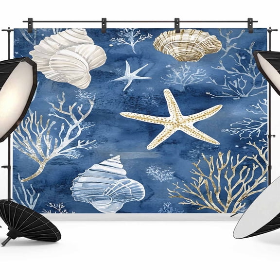 Navy Blue Coastal Backdrop for Photoshoot,Photography Photo Studio Background Wall Backdrop,Nautical Beach Starfish Coral Summer Back Drop Banner Panel for Portraits Wedding Live Streaming 7x5Ft