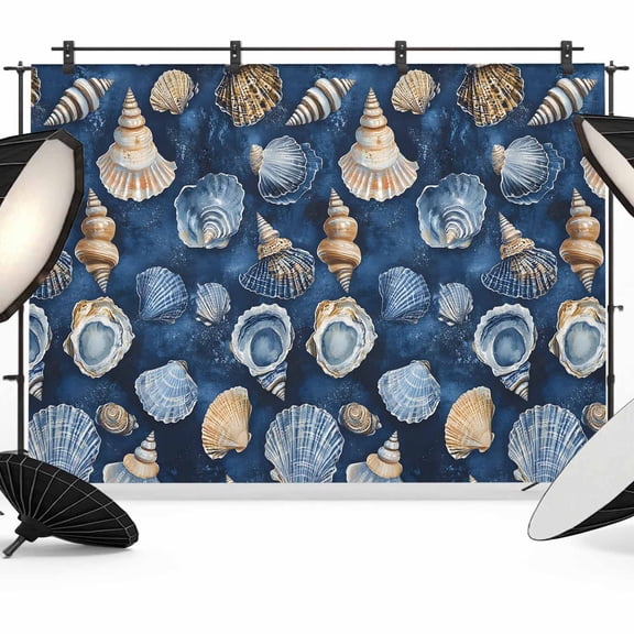 Navy Blue Coastal Backdrop for Photoshoot,Photography Photo Studio Background Wall Backdrop,Nautical Summer Beach Shell Conch Back Drop Banner Panel for Portraits Wedding Party Live Streaming 7x5Ft