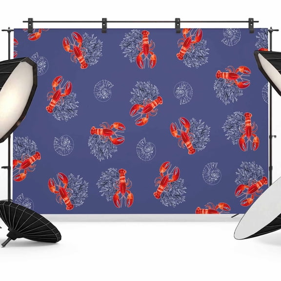 Navy Blue Coastal Backdrop for Photoshoot, Photography Photo Studio Background Wall Backdrop, Red Lobster Nautical Ocean Back Drop Banner Panel for Portraits Wedding Party Live Streaming Decor 7x5Ft